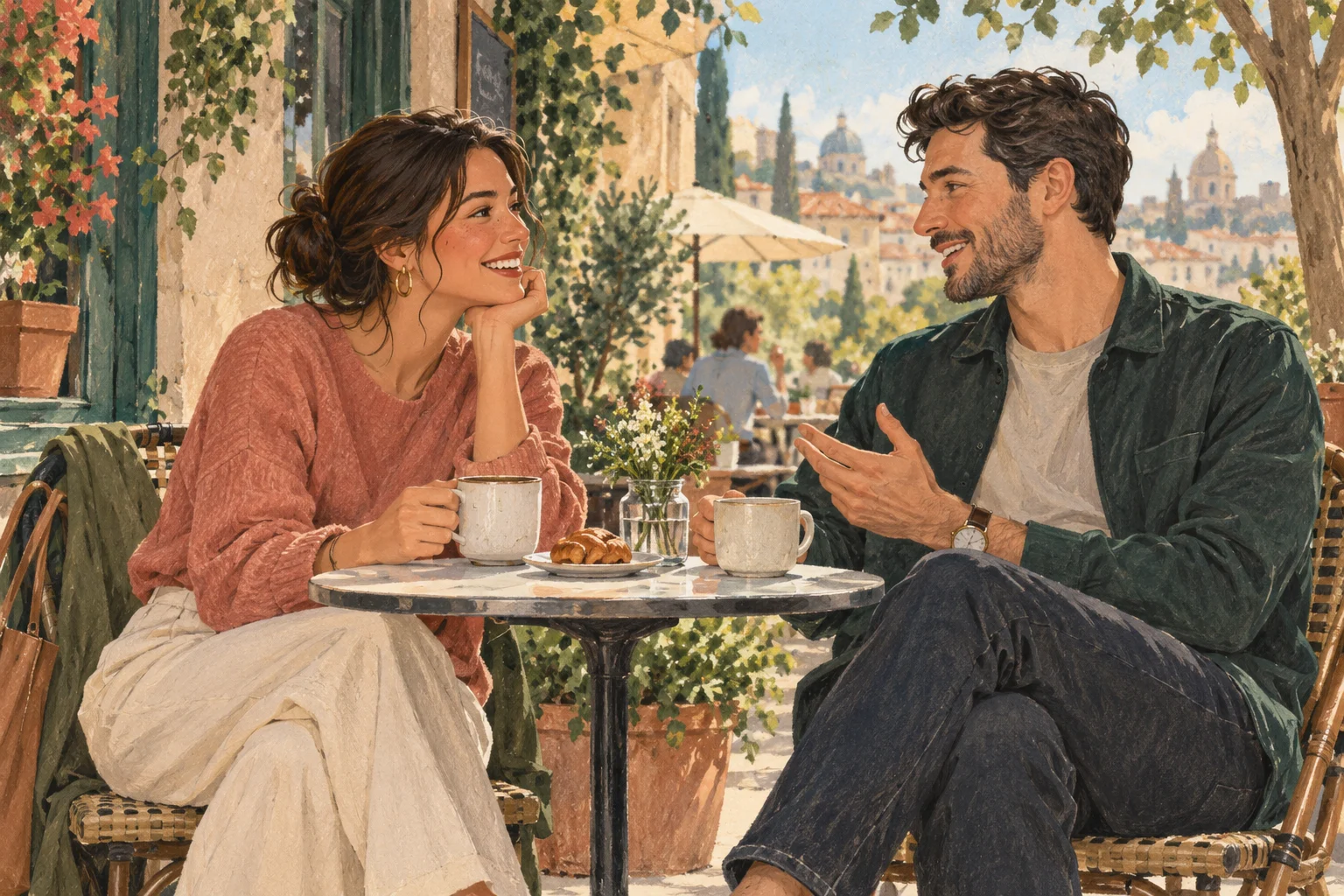 Original illustration of two adults enjoying a relaxed coffee date