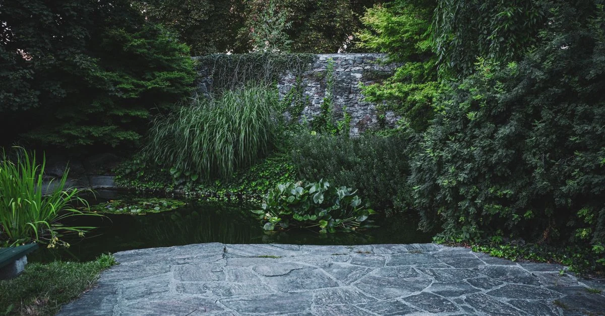 A tranquil garden scene with a stone pathway leading to a pond, surrounded by lush, verdant plants and trees.