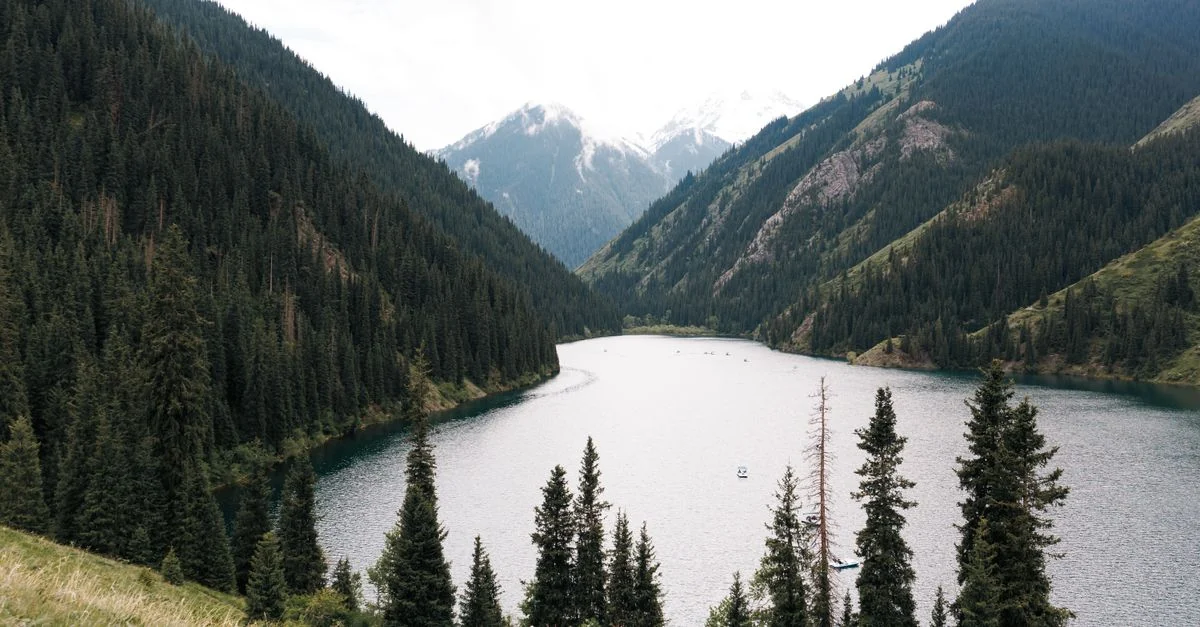 A breathtaking view of a serene lake nestled between lush forested mountains in Kazakhstan.