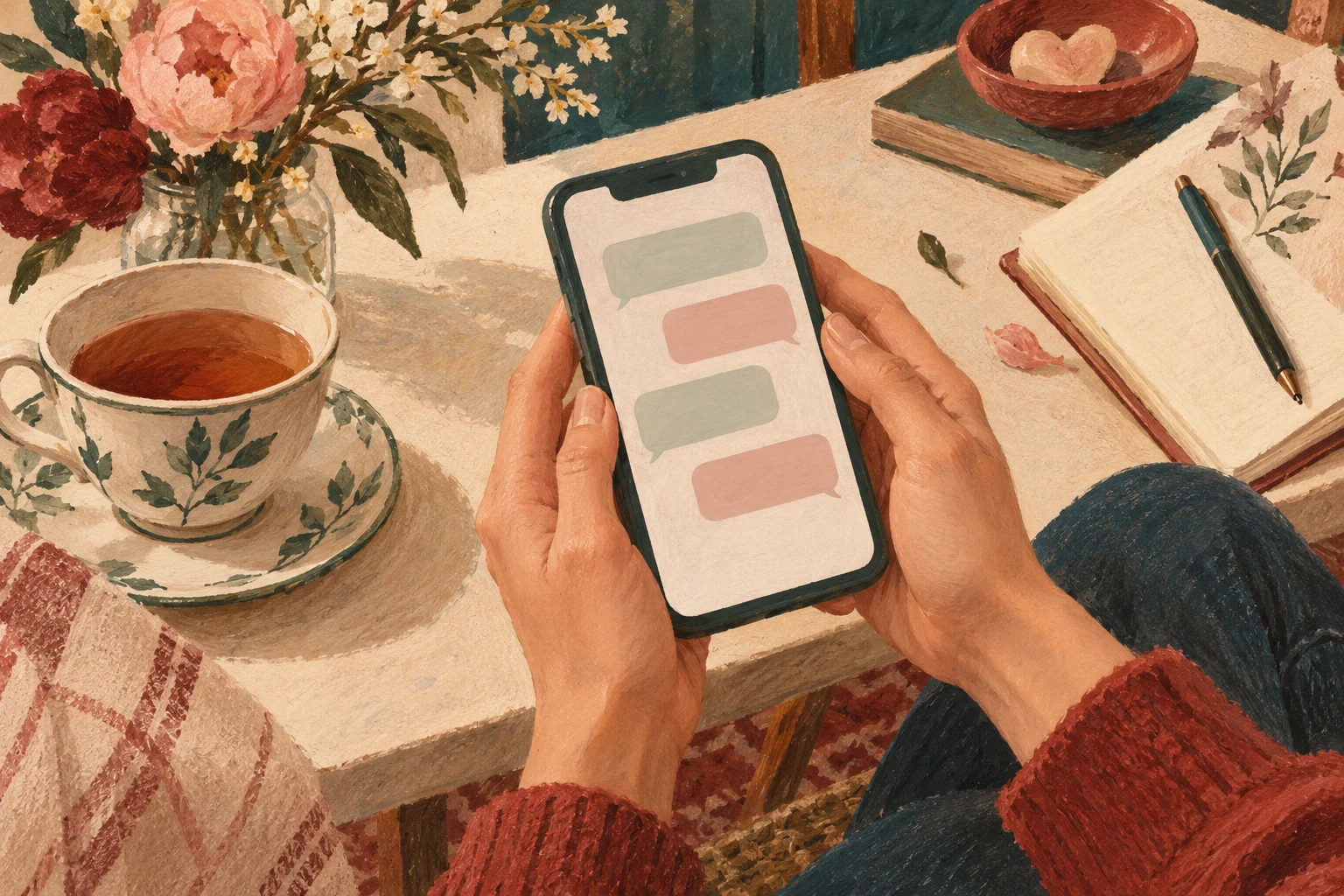 Editorial illustration of a thoughtful dating message exchange