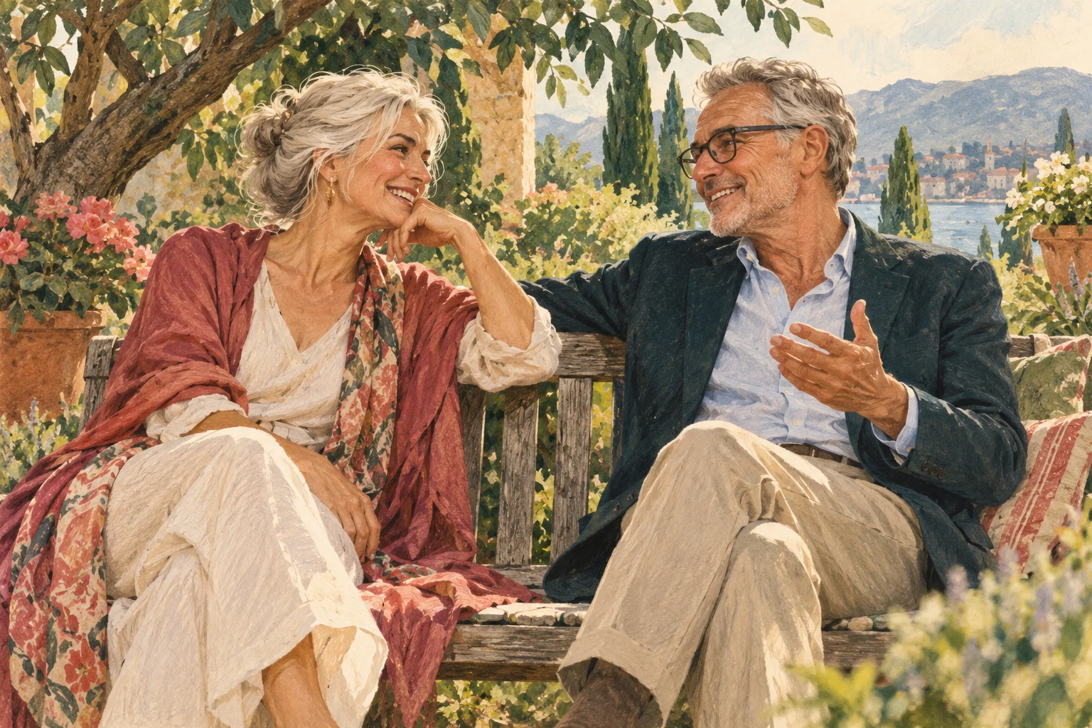 Illustration of an older couple enjoying conversation outdoors